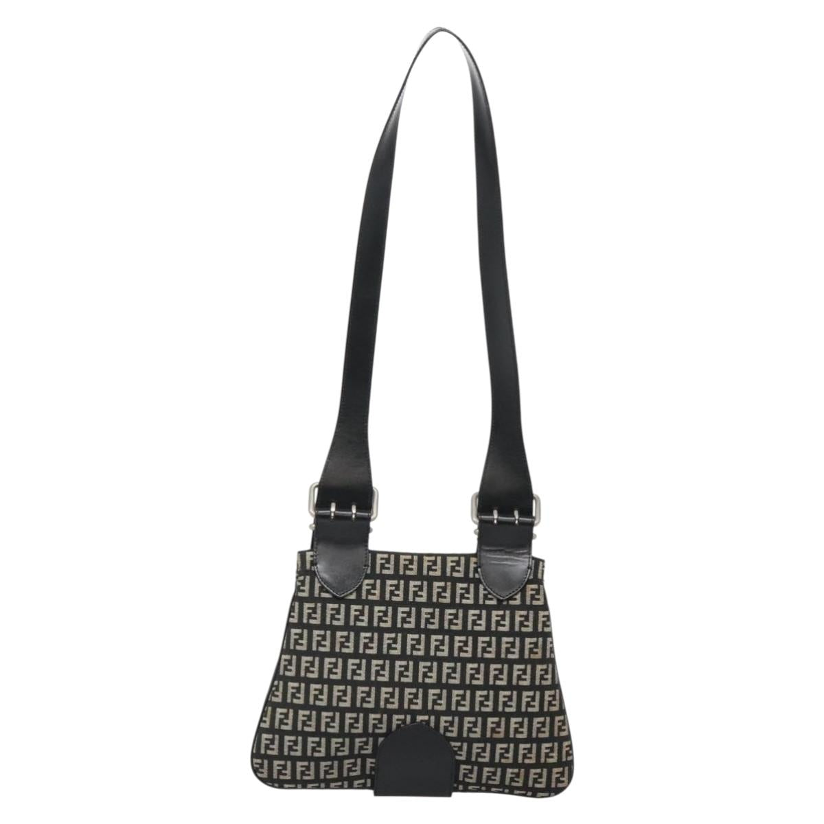 FENDI Zucchino Canvas Shoulder Bag Black Silver Auth bs27912