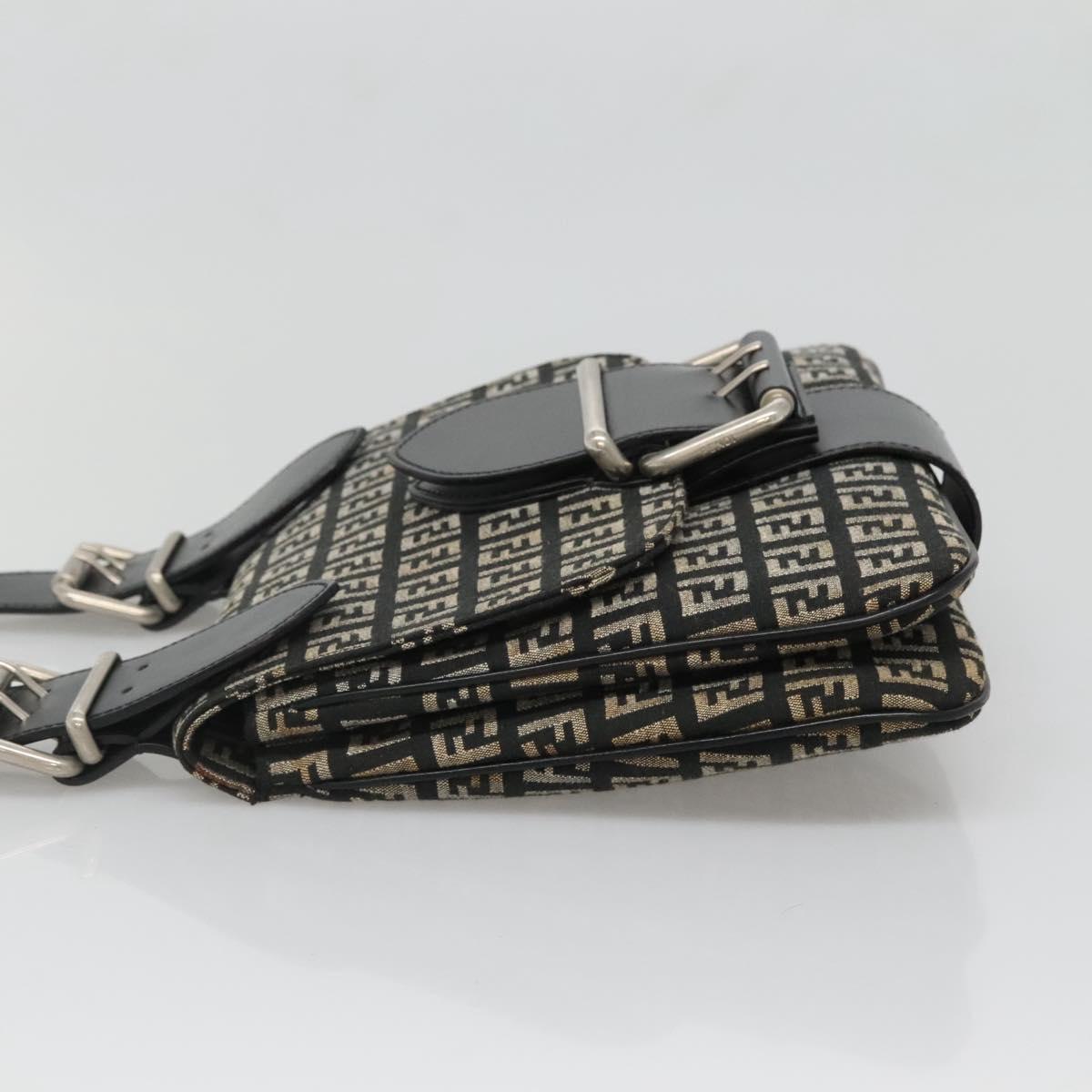 FENDI Zucchino Canvas Shoulder Bag Black Silver Auth bs27912
