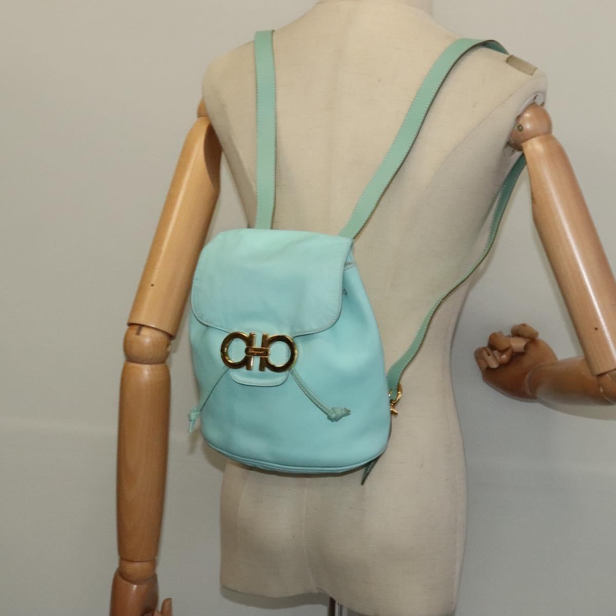 Salvatore Ferragamo Backpack Leather Turquoise Blue Gold Auth bs27971