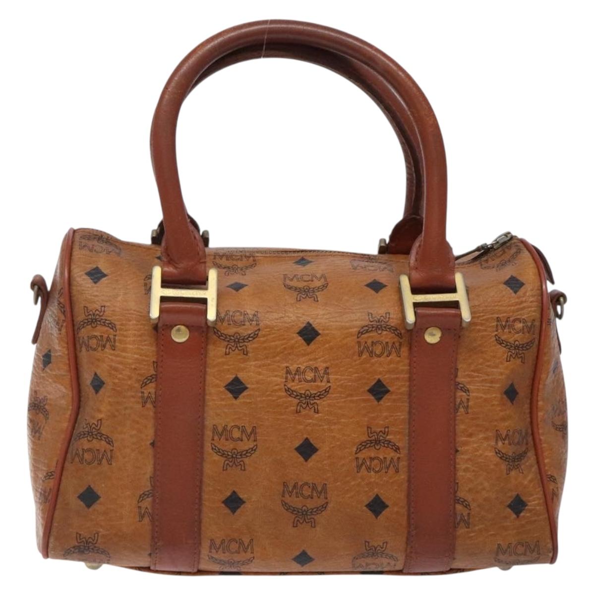 MCM Logogram Vicetos Boston Bag PVC Leather Brown Gold Auth bs27984