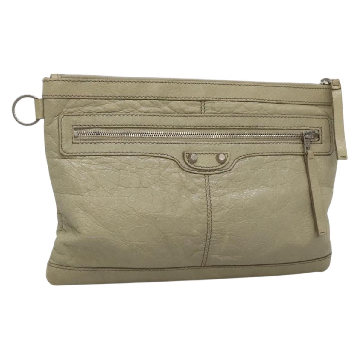 BALENCIAGA Classic Clip M Clutch Bag Leather Beige Silver Auth bs27985
