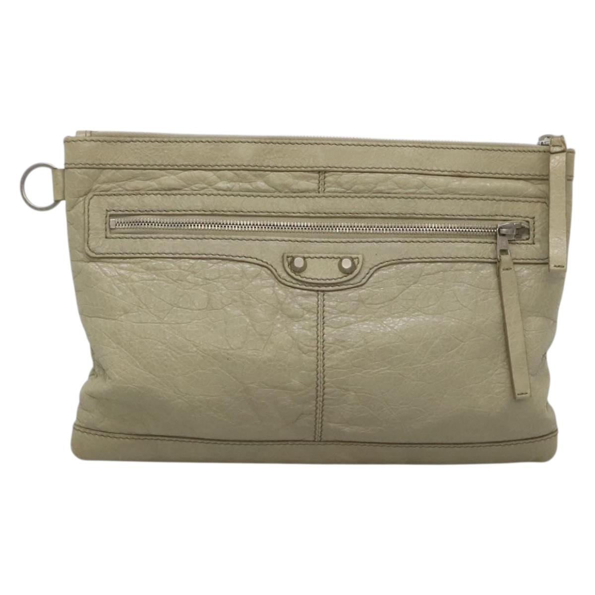 BALENCIAGA Classic Clip M Clutch Bag Leather Beige Silver Auth bs27985