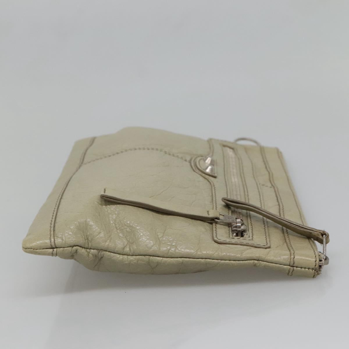 BALENCIAGA Classic Clip M Clutch Bag Leather Beige Silver Auth bs27985