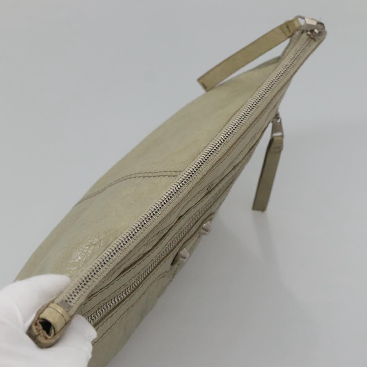 BALENCIAGA Classic Clip M Clutch Bag Leather Beige Silver Auth bs27985