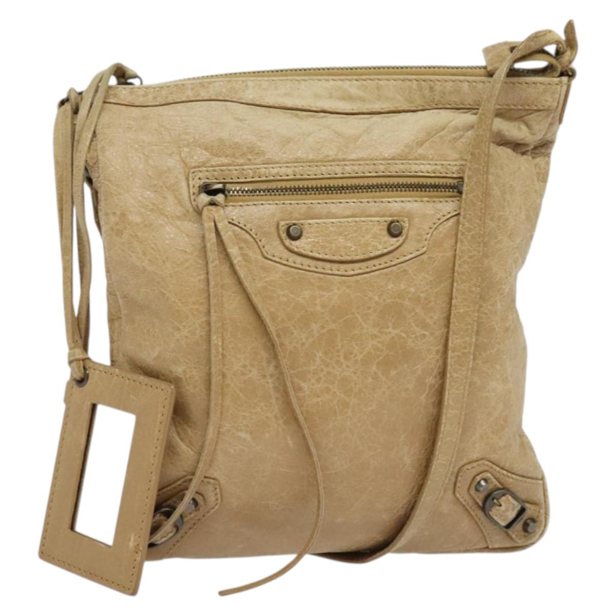 BALENCIAGA Classic Flat Shoulder Bag Leather Beige Auth bs27986