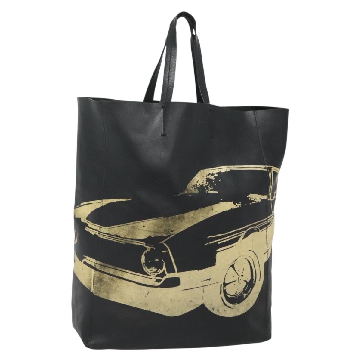 CELINE Mustang Print Vertical Cabas Tote Bag Leather Black Gold Auth bs27989