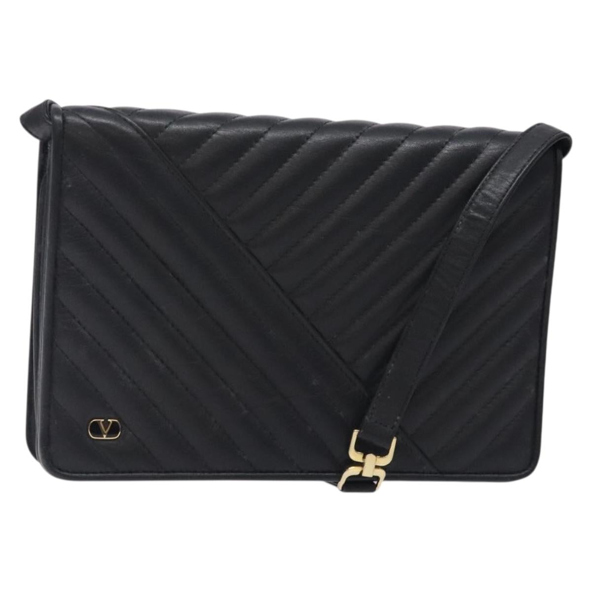 VALENTINO Shoulder Bag Leather Black Gold Auth bs27994