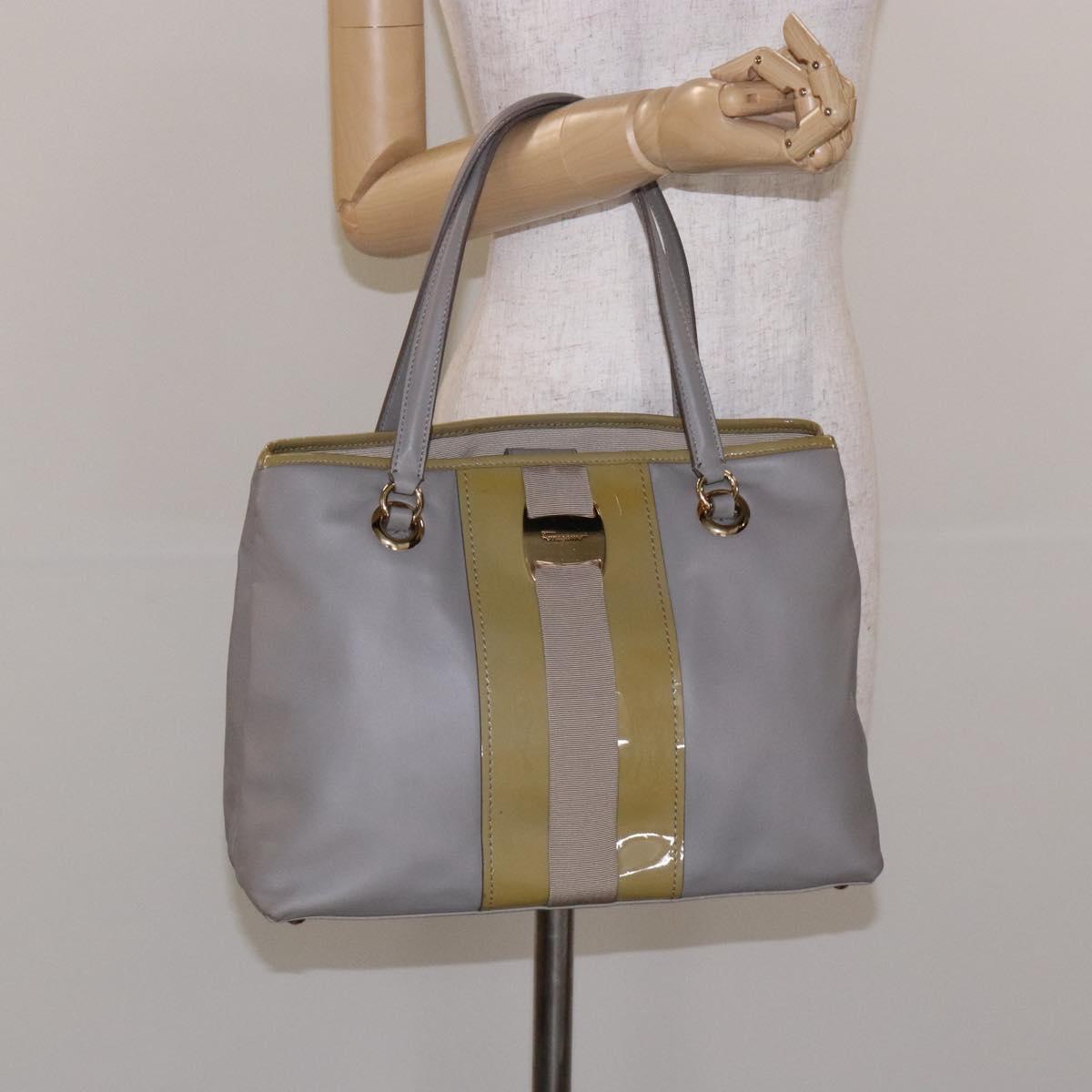 Salvatore Ferragamo Vala Hand Bag Leather Gray Gold Auth bs27995