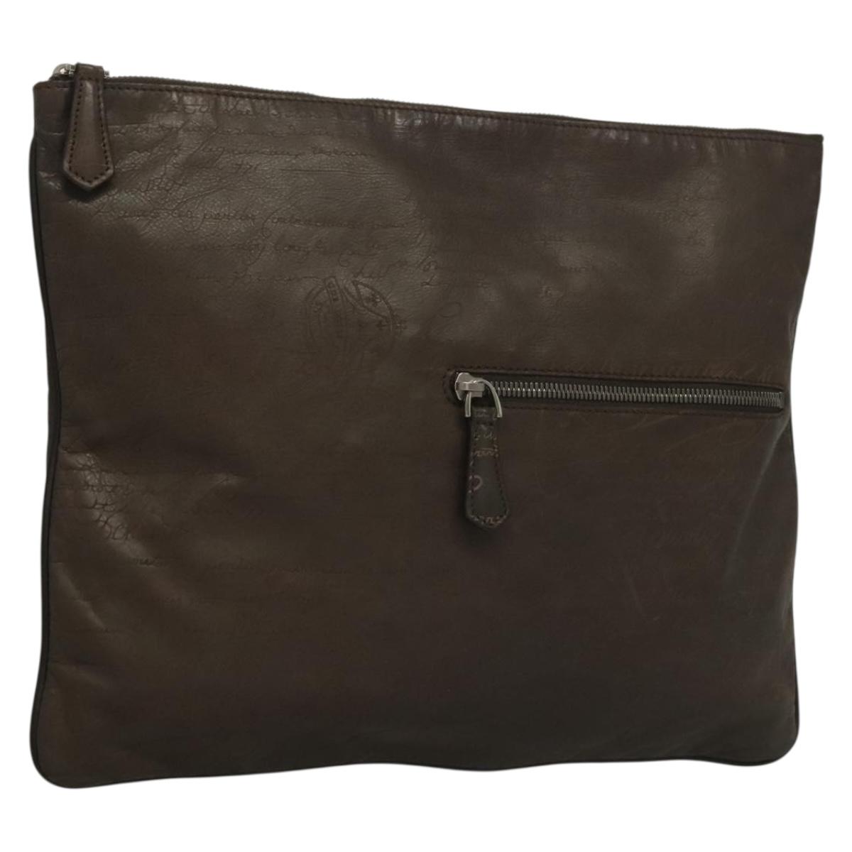 Berluti Calligraphy Clutch Bag Leather Brown Silver Auth bs28029
