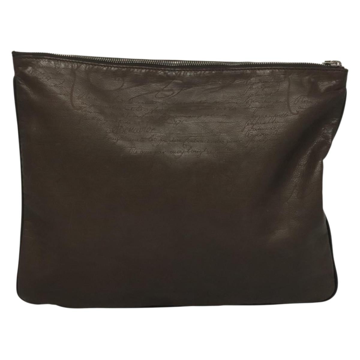 Berluti Calligraphy Clutch Bag Leather Brown Silver Auth bs28029