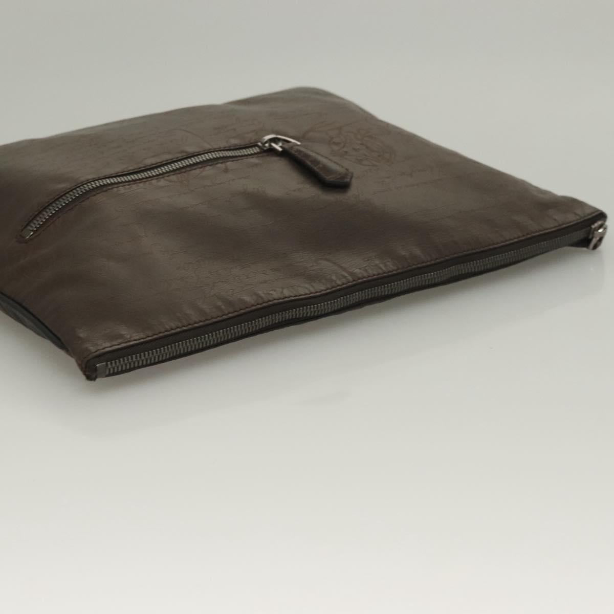 Berluti Calligraphy Clutch Bag Leather Brown Silver Auth bs28029