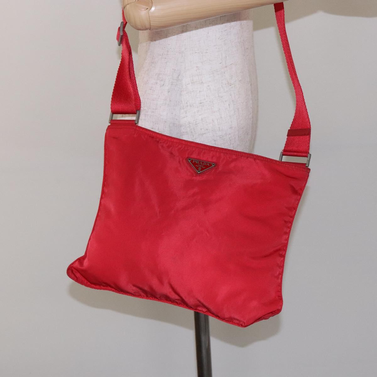 PRADA Shoulder Bag Nylon Red Silver Auth bs28053