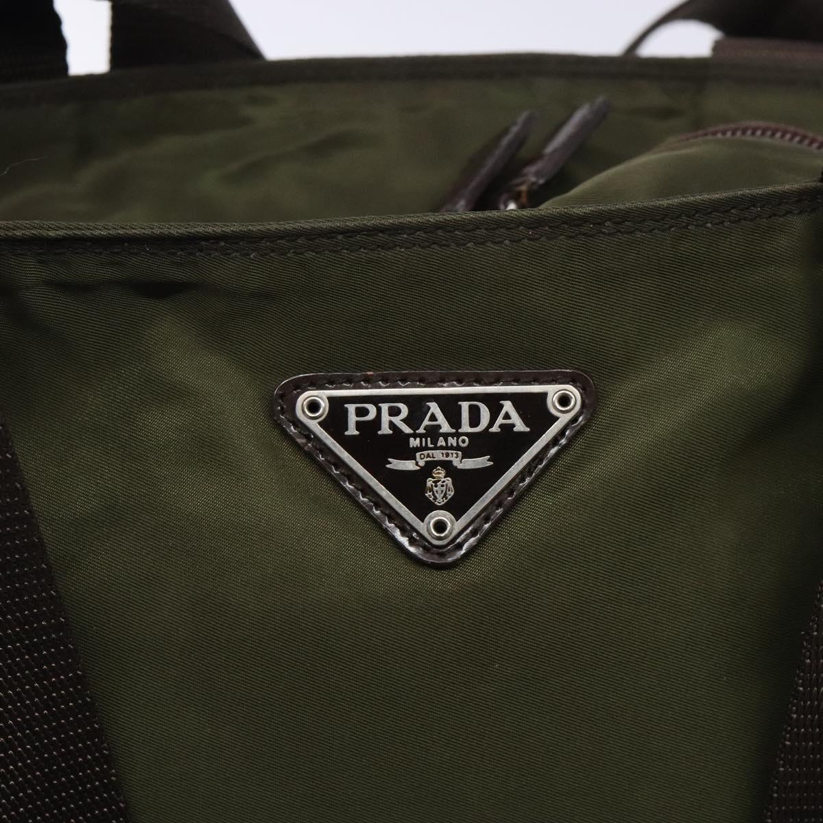 PRADA Tote Bag Nylon Khaki Silver Auth bs28058