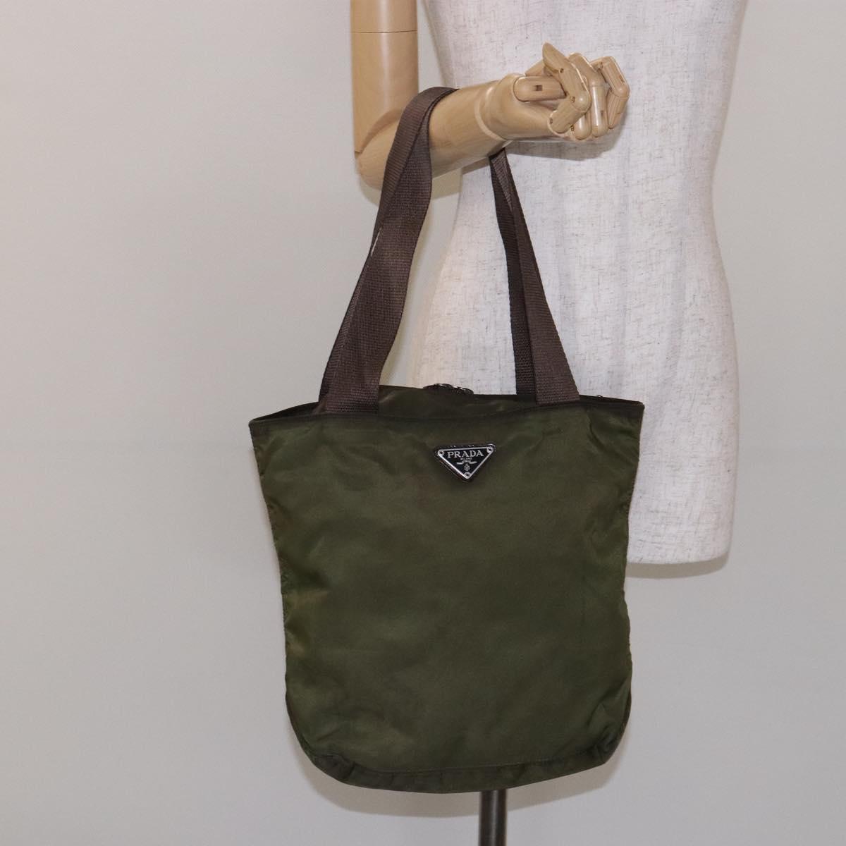 PRADA Tote Bag Nylon Khaki Silver Auth bs28058