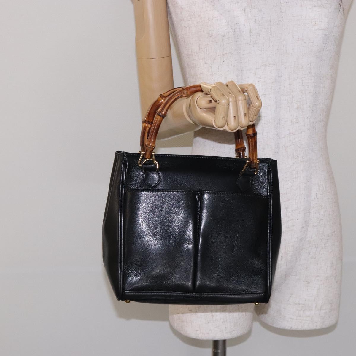 GUCCI Bamboo Hand Bag Leather Black Gold 000 122 0316 Auth bs28069