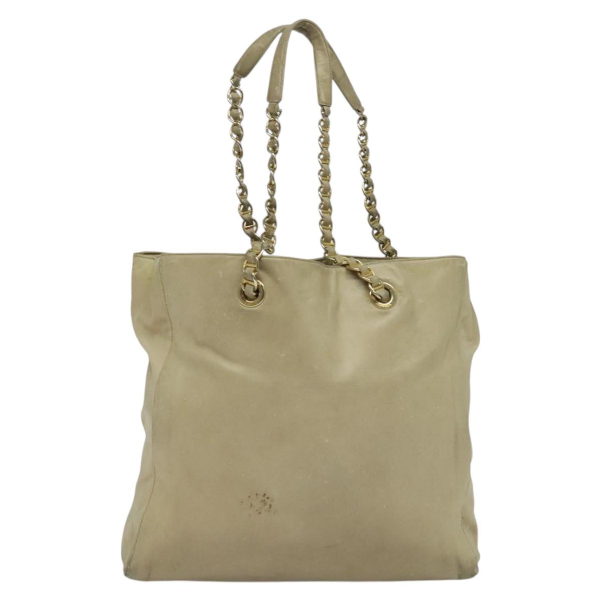 PRADA Chain Tote Bag Leather Beige Gold Auth bs28084