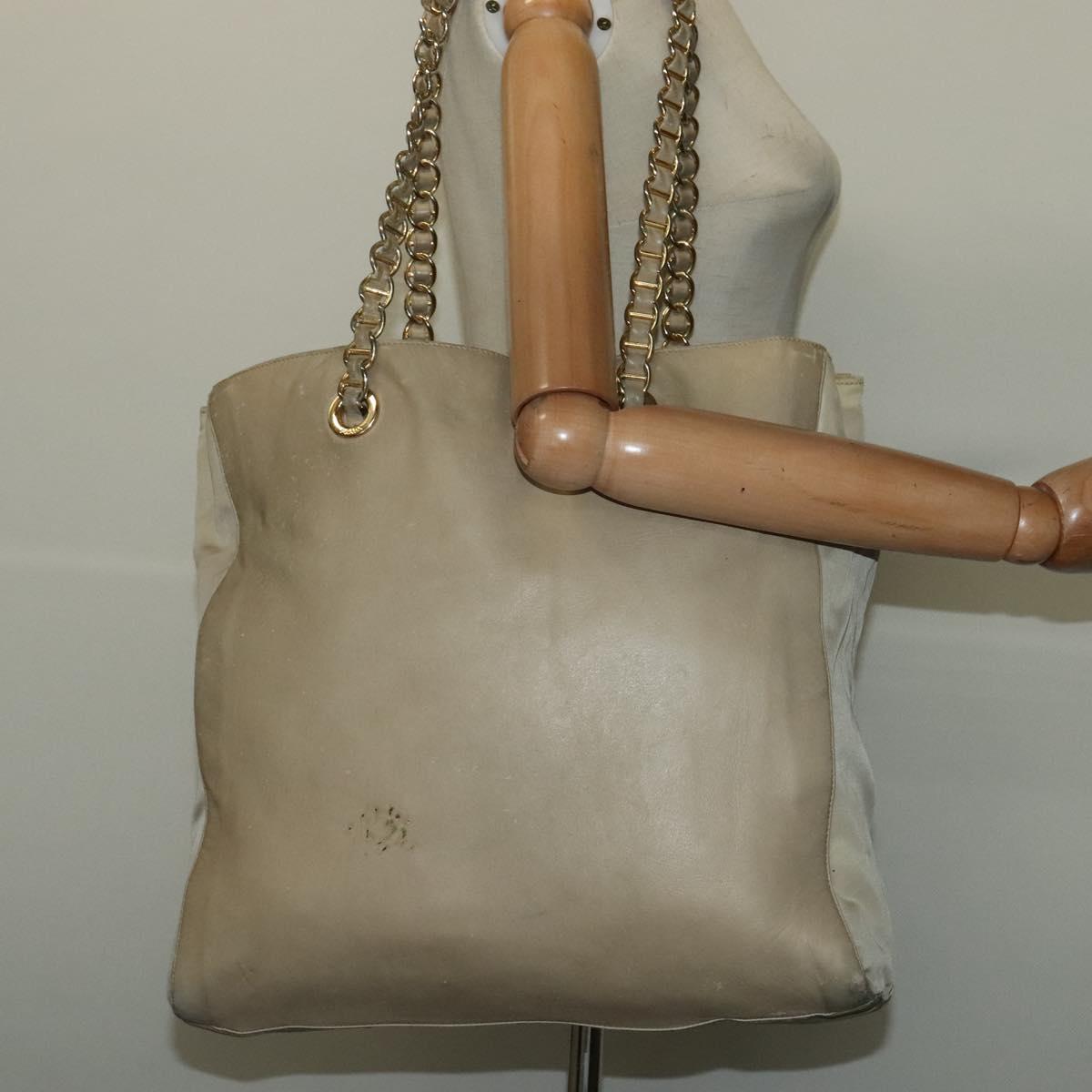 PRADA Chain Tote Bag Leather Beige Gold Auth bs28084