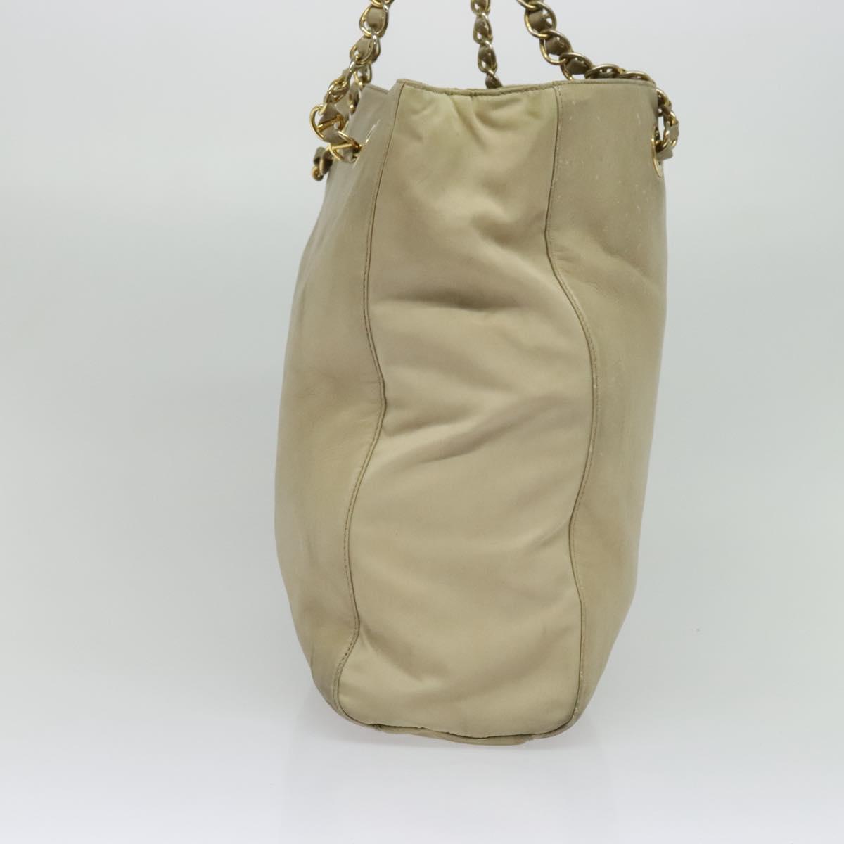 PRADA Chain Tote Bag Leather Beige Gold Auth bs28084