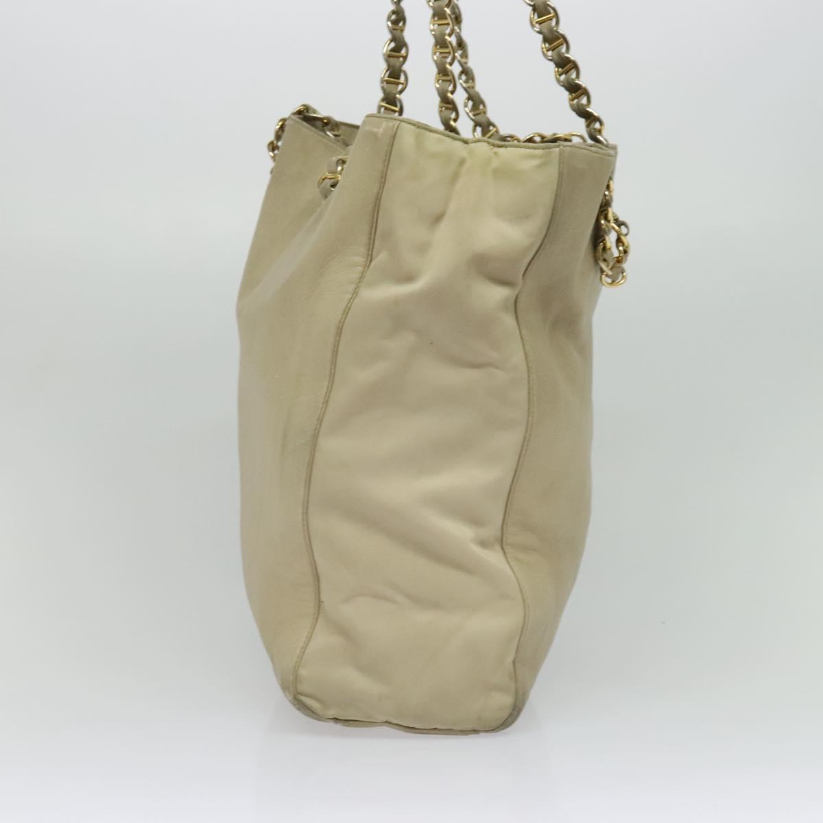 PRADA Chain Tote Bag Leather Beige Gold Auth bs28084