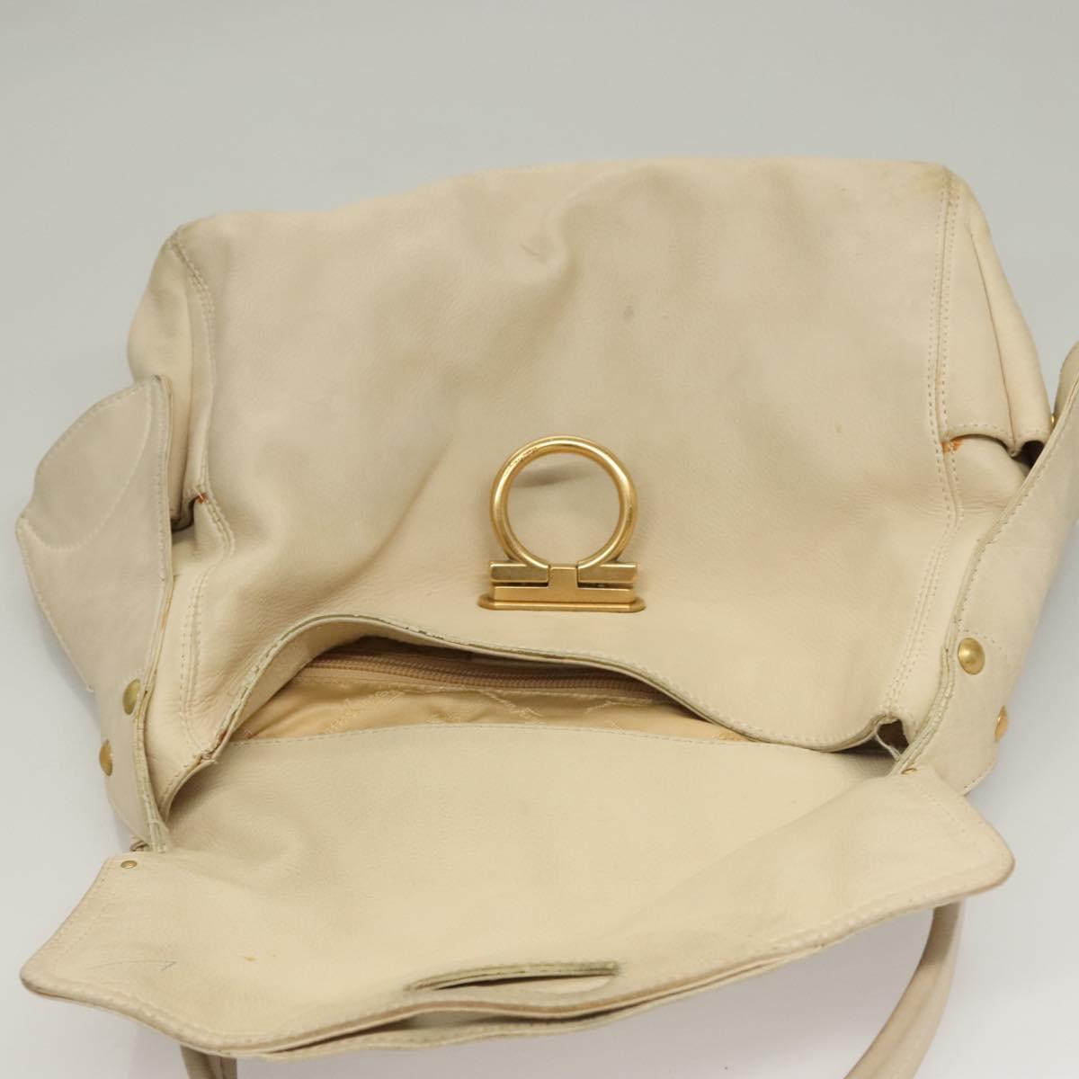 Salvatore Ferragamo Gancini Shoulder Bag Leather White Gold Auth bs28132