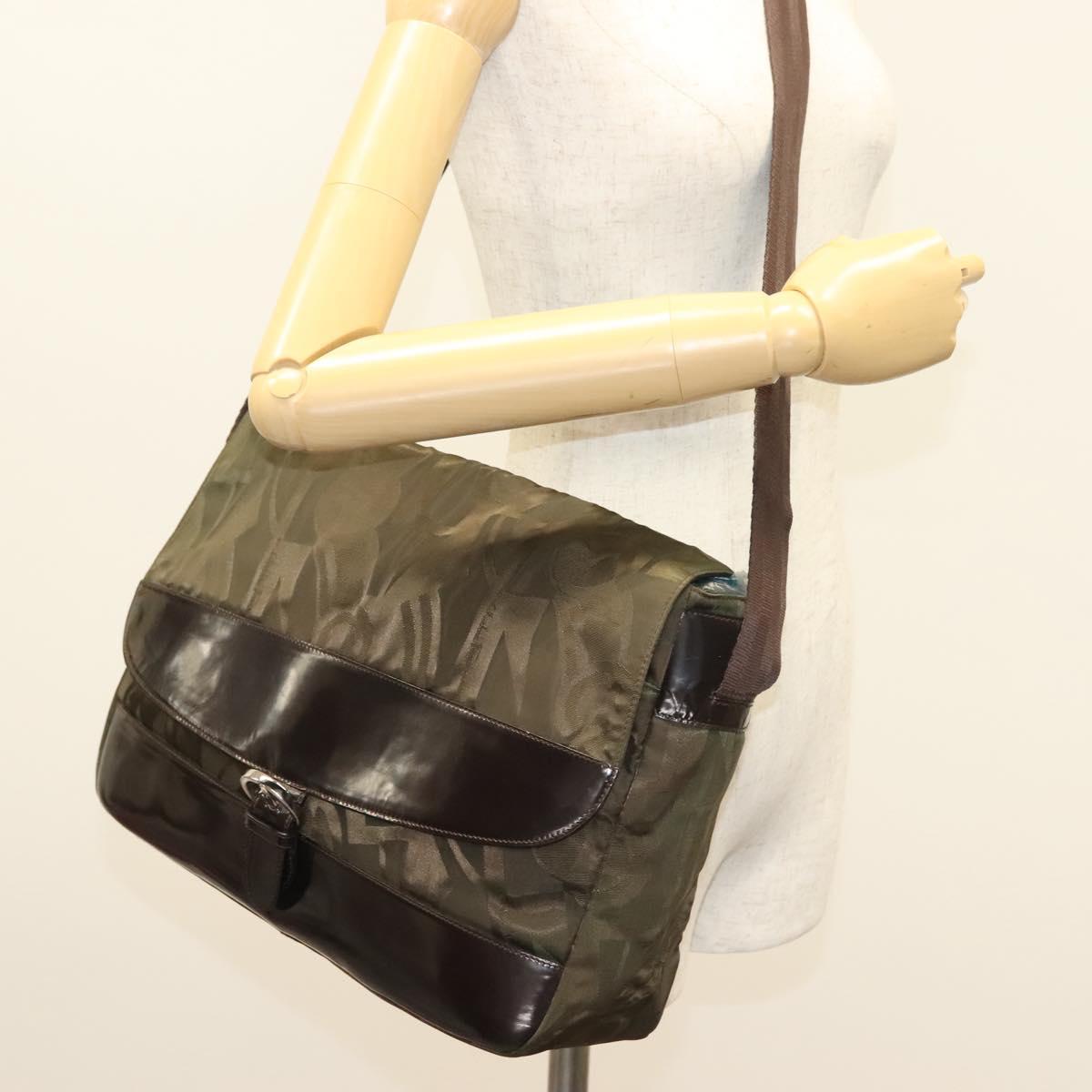Salvatore Ferragamo Shoulder Bag Nylon Enamel Khaki Silver Auth bs28133
