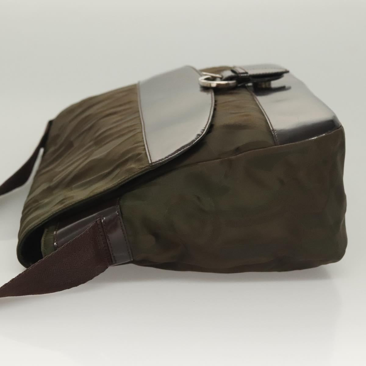 Salvatore Ferragamo Shoulder Bag Nylon Enamel Khaki Silver Auth bs28133