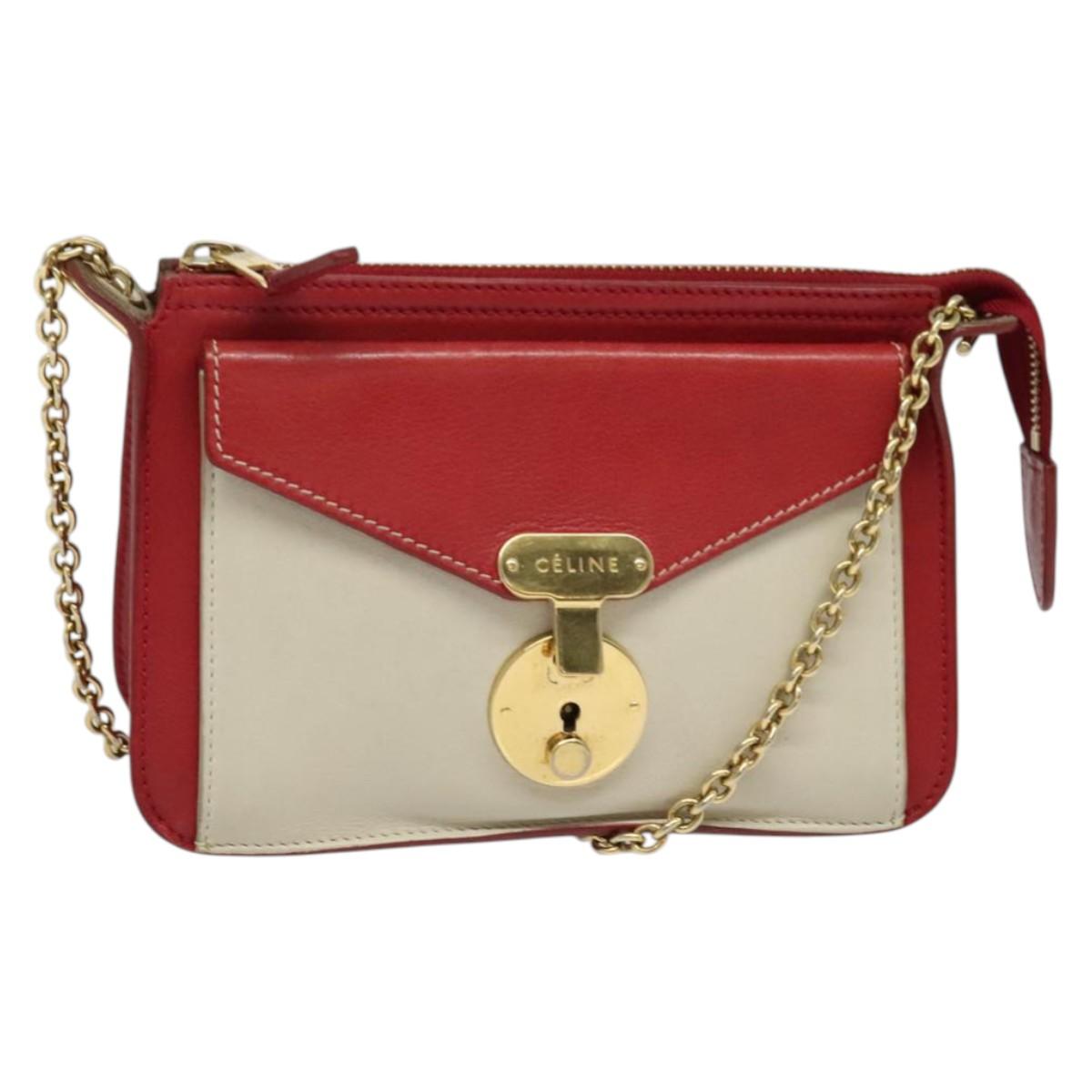 CELINE Chain Shoulder Bag Leather Red Gold Auth bs28138