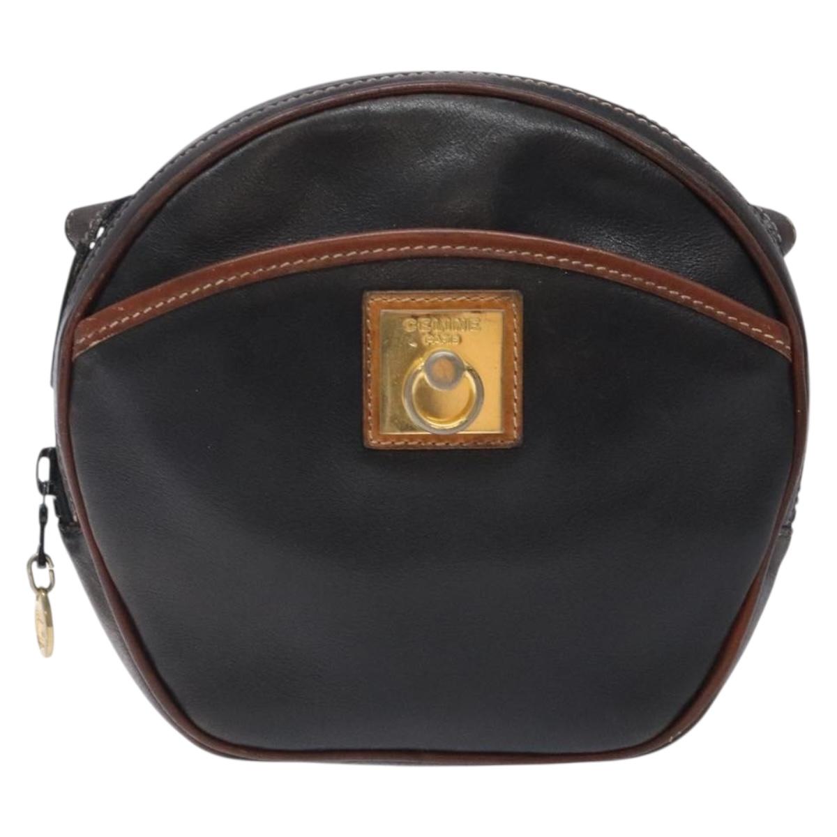 CELINE Shoulder Bag Leather Black Gold Auth bs28139