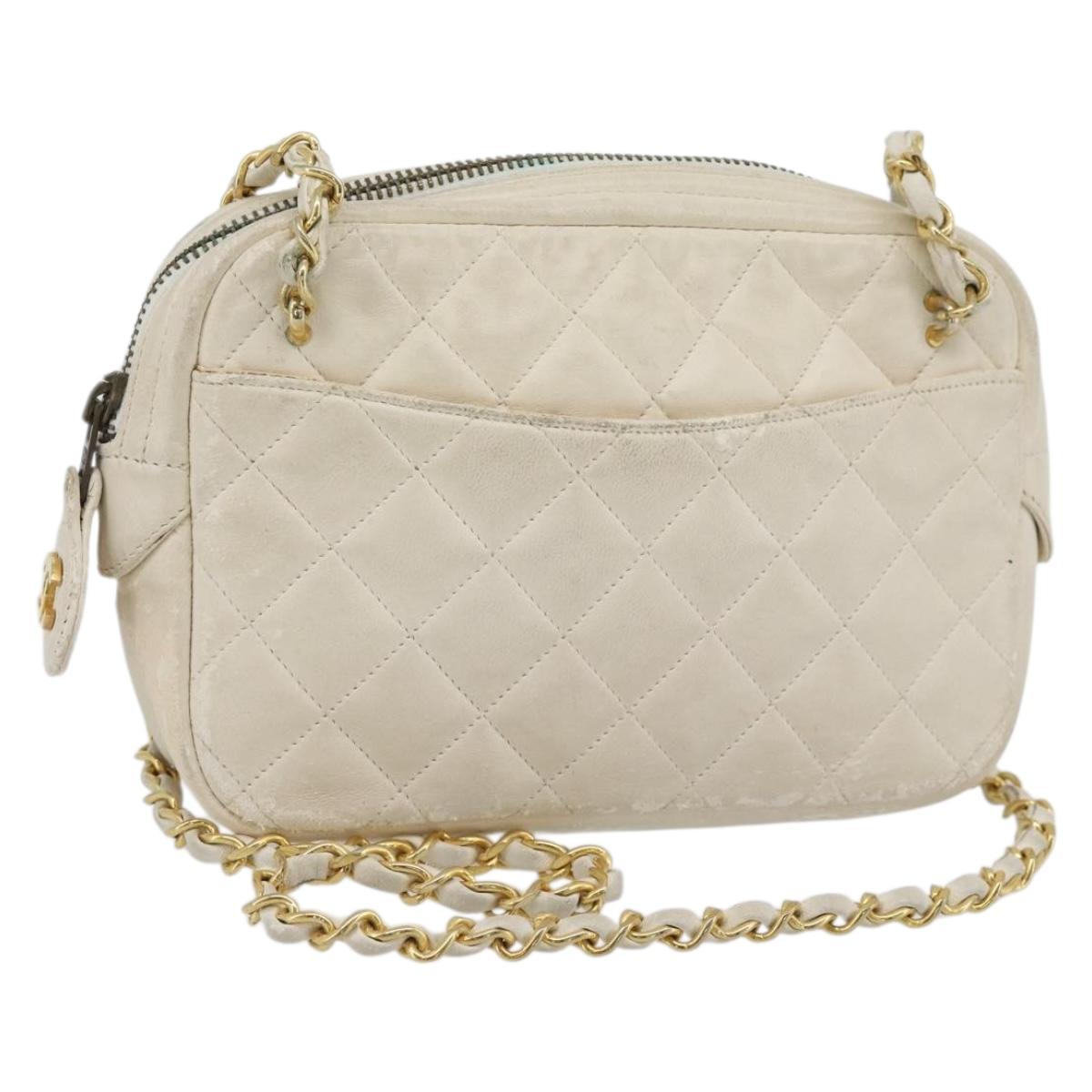 CHANEL Matelasse Chain Shoulder Bag Lamb Skin White Gold CC Auth bs28144