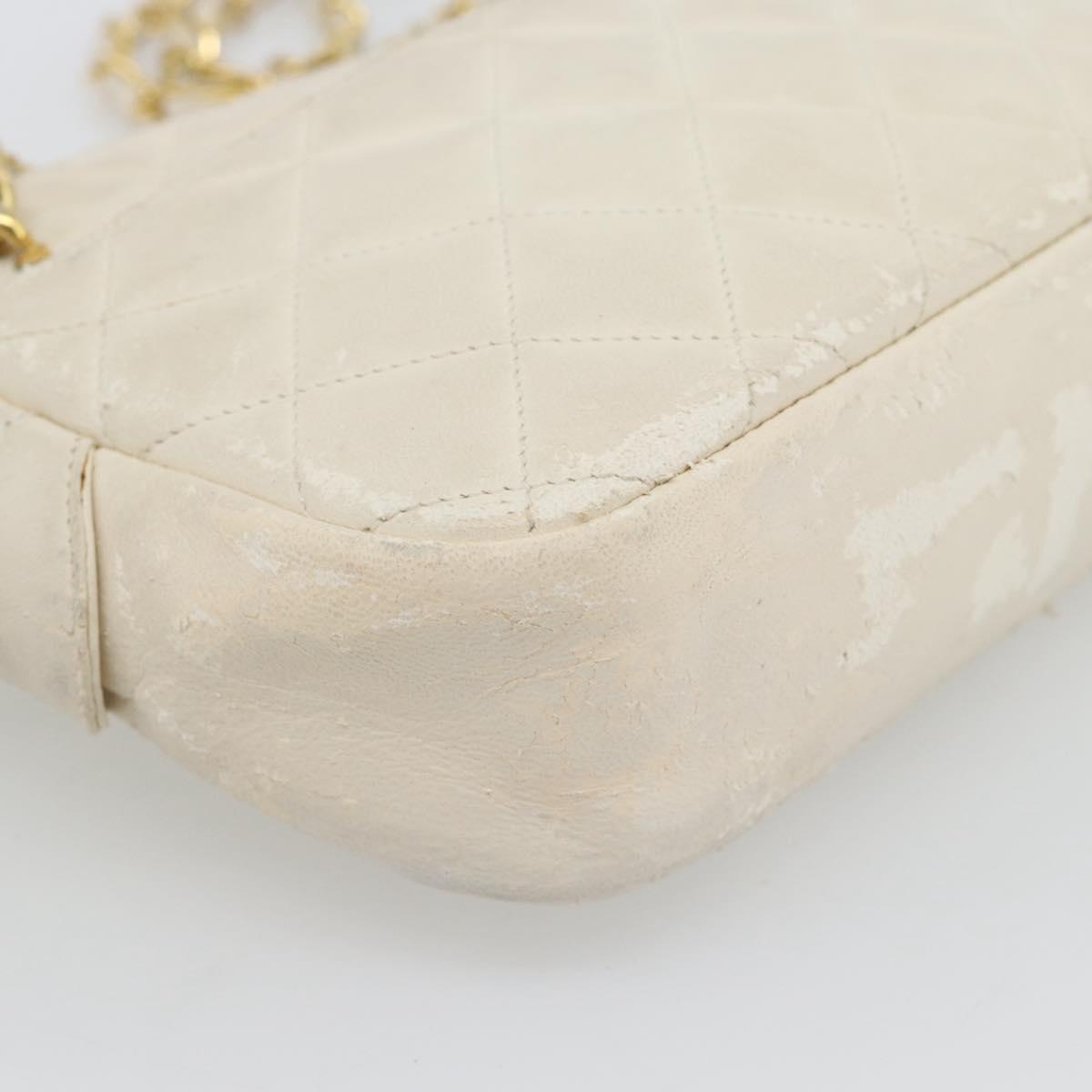 CHANEL Matelasse Chain Shoulder Bag Lamb Skin White Gold CC Auth bs28144