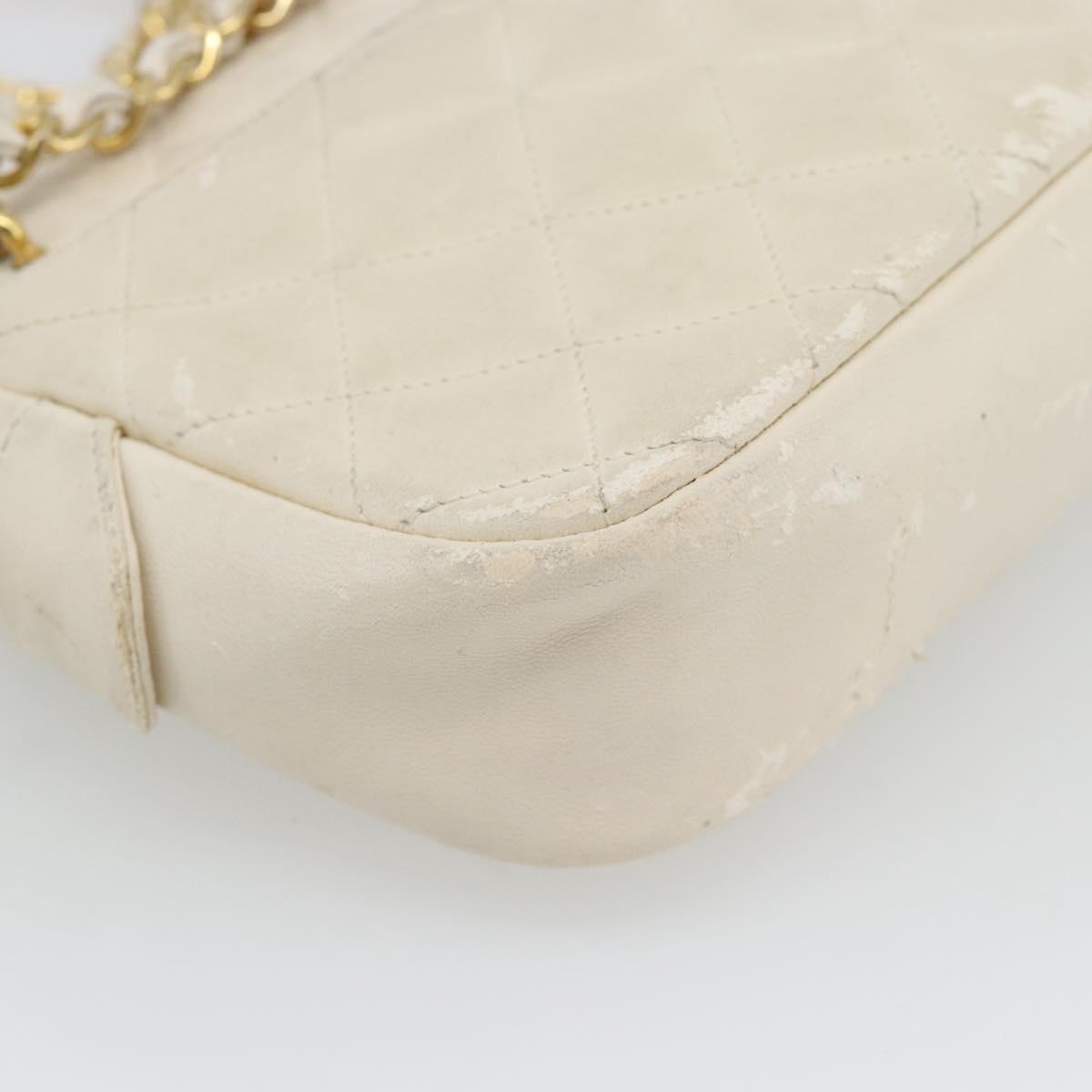 CHANEL Matelasse Chain Shoulder Bag Lamb Skin White Gold CC Auth bs28144