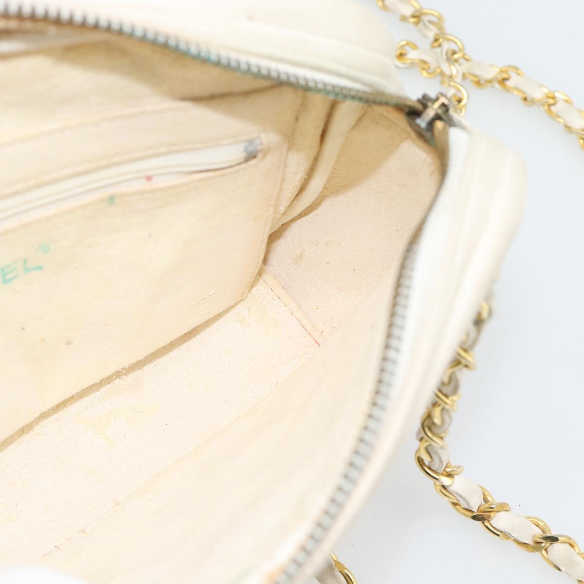 CHANEL Matelasse Chain Shoulder Bag Lamb Skin White Gold CC Auth bs28144