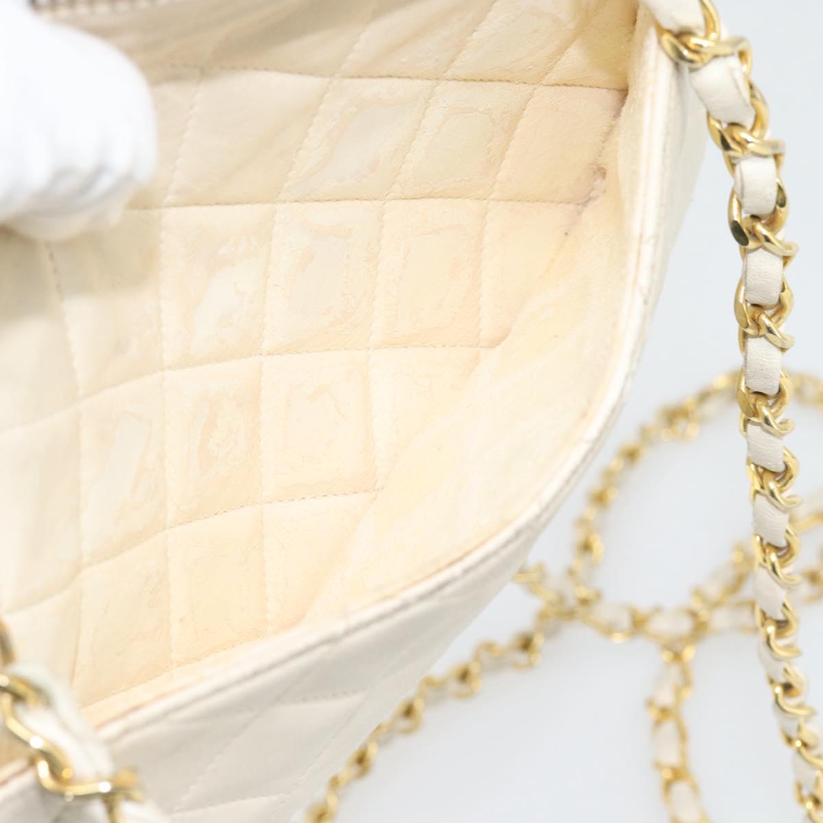 CHANEL Matelasse Chain Shoulder Bag Lamb Skin White Gold CC Auth bs28144