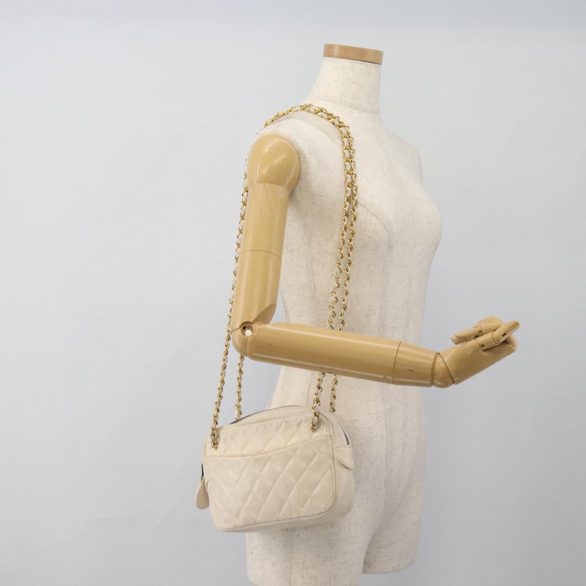 CHANEL Matelasse Chain Shoulder Bag Lamb Skin White Gold CC Auth bs28144