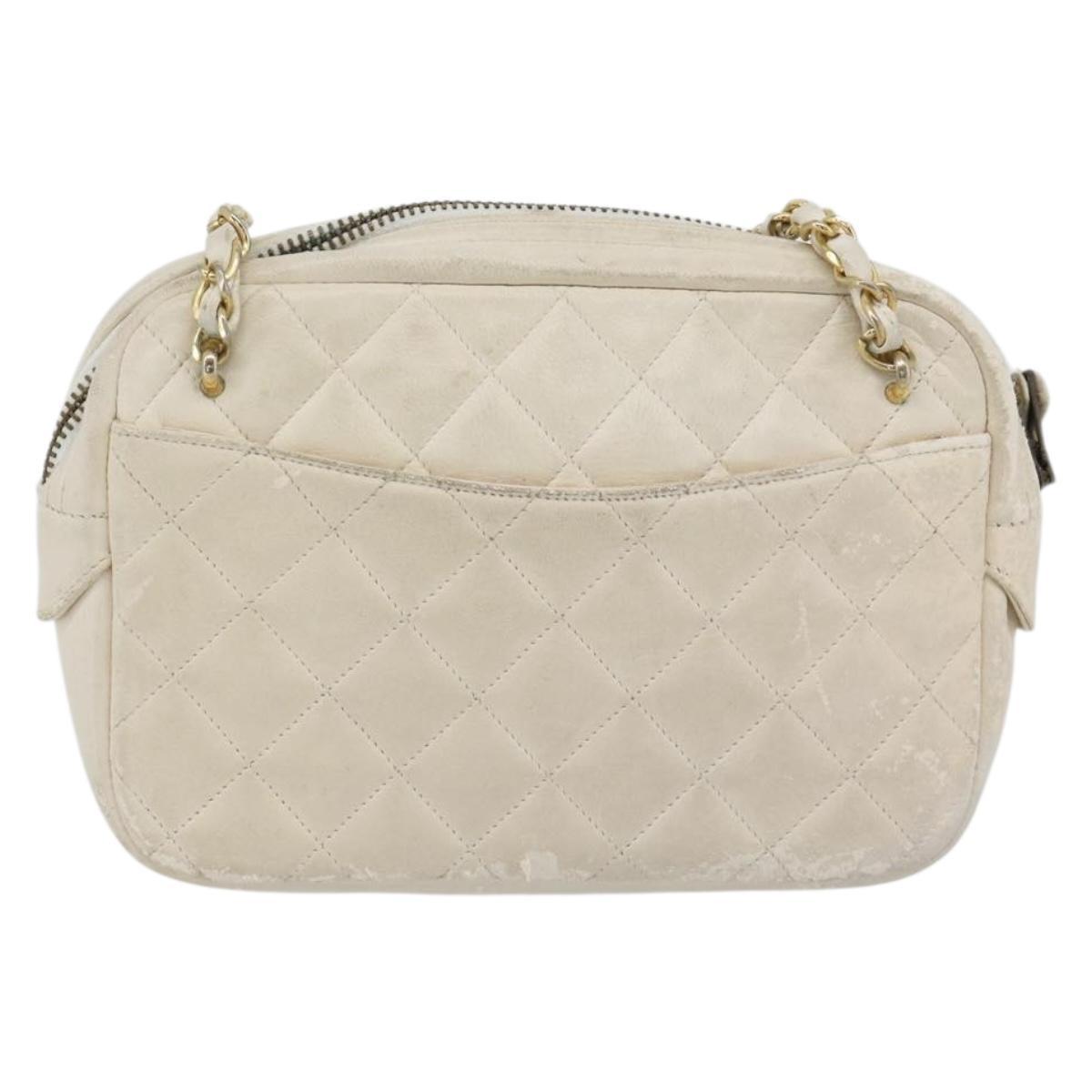 CHANEL Matelasse Chain Shoulder Bag Lamb Skin White Gold CC Auth bs28144