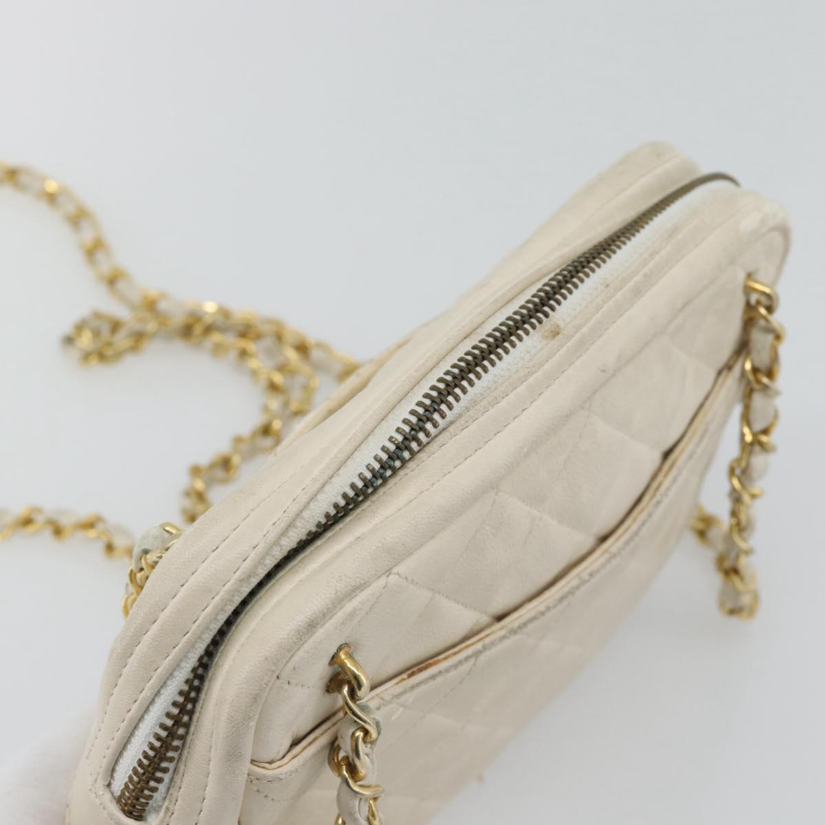 CHANEL Matelasse Chain Shoulder Bag Lamb Skin White Gold CC Auth bs28144