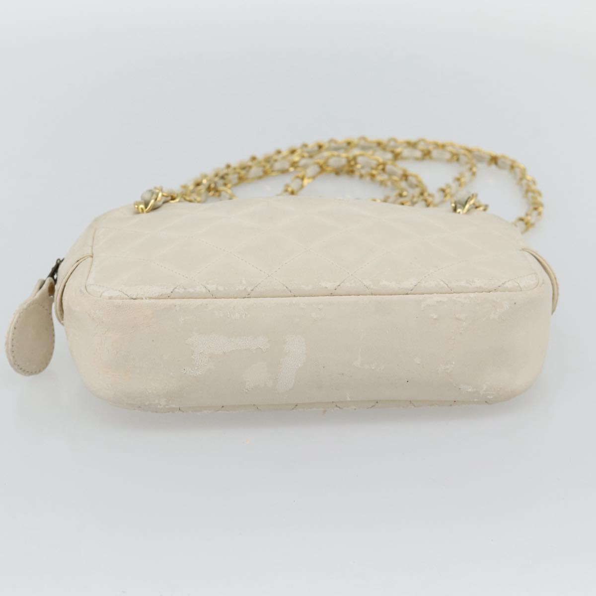 CHANEL Matelasse Chain Shoulder Bag Lamb Skin White Gold CC Auth bs28144