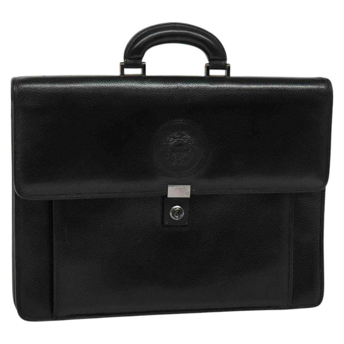 Gianni Versace Business Bag Leather Black Silver Auth bs28153