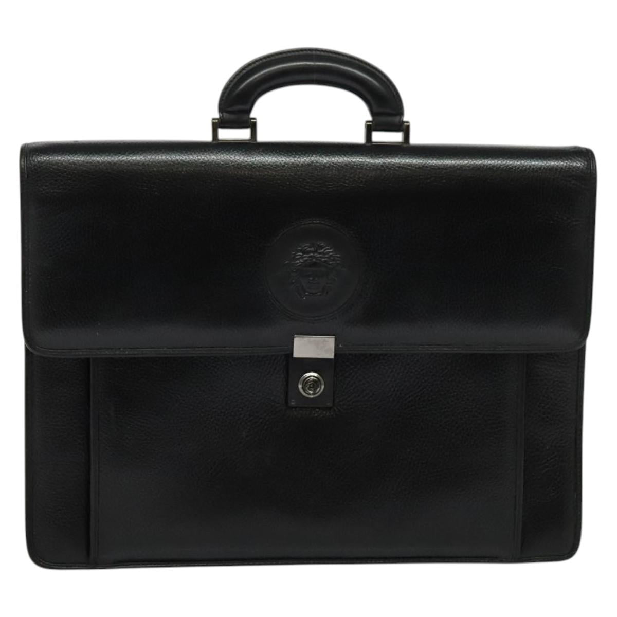 Gianni Versace Business Bag Leather Black Silver Auth bs28153