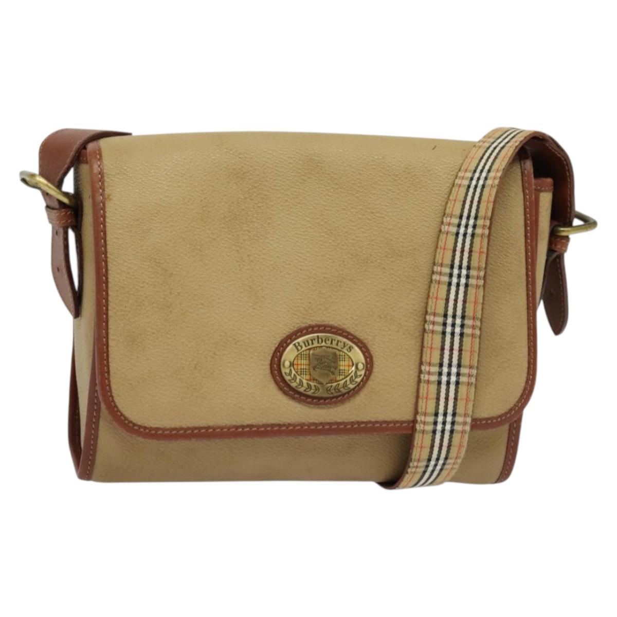 Burberrys Shoulder Bag PVC Canvas Beige Gold Auth bs28159