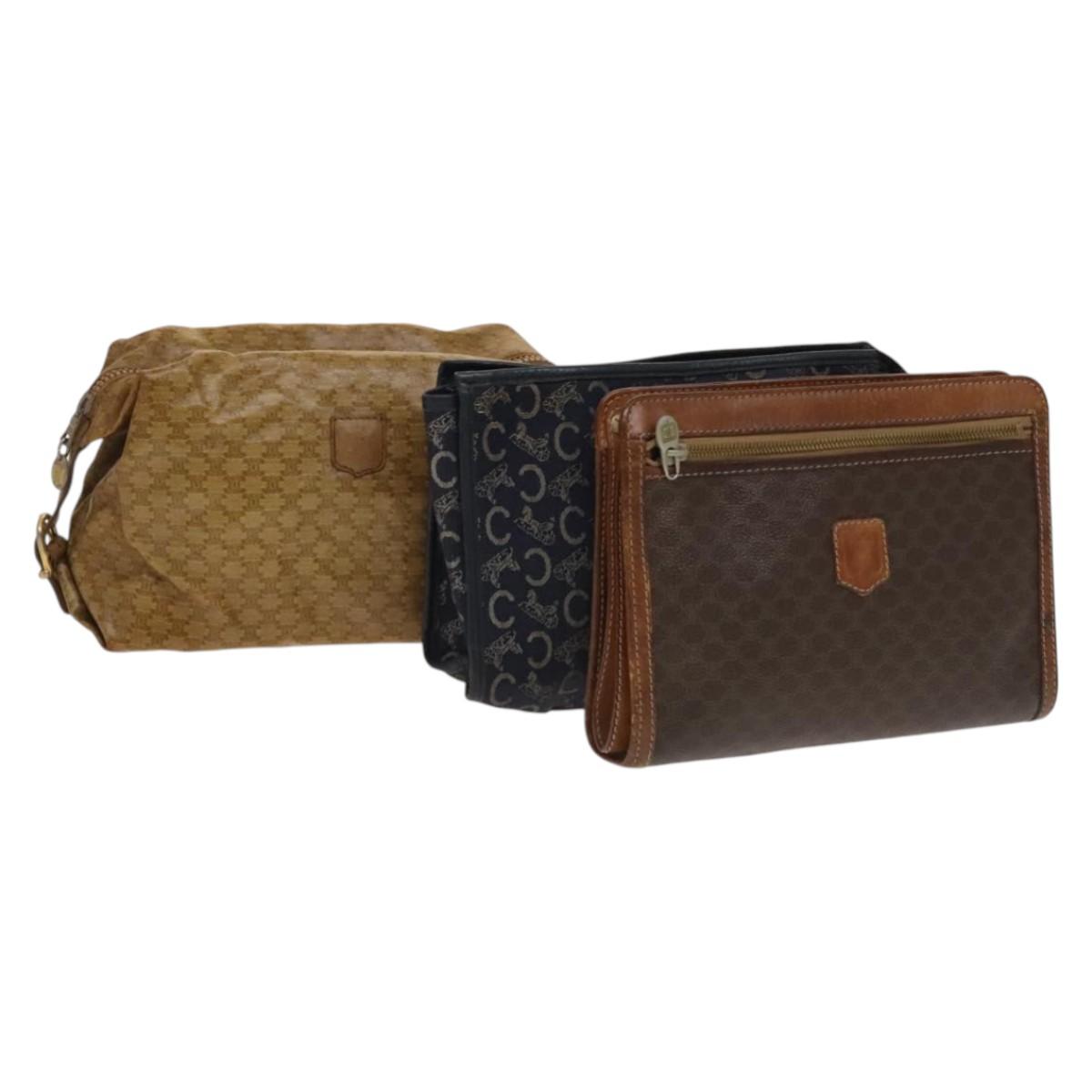 CELINE Macadam Canvas Clutch Bag PVC 3Set Brown Beige Navy Auth bs28179
