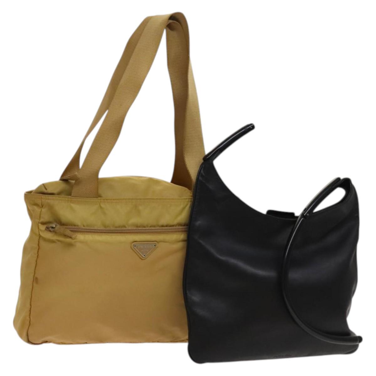 PRADA Hand Bag Leather Nylon 2Set Black Beige Silver Auth bs28219