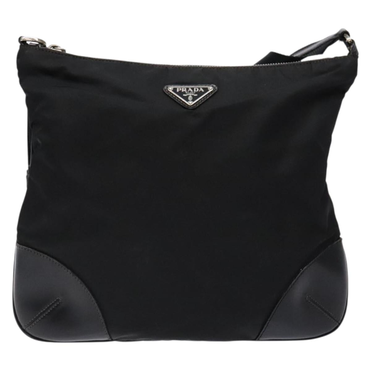 PRADA Shoulder Bag Nylon Leather Black Silver Auth bs28220