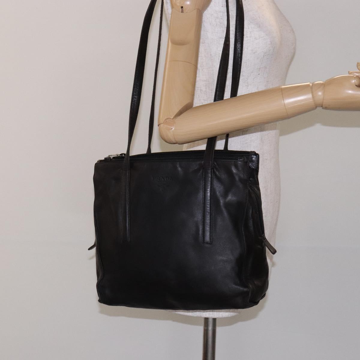 PRADA Shoulder Bag Leather Black Silver Auth bs28222