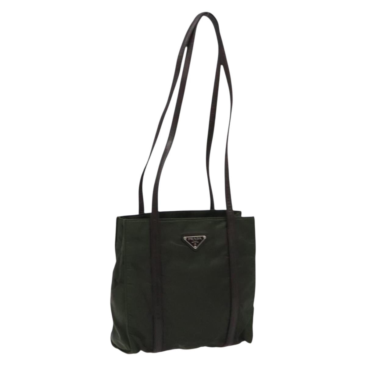 PRADA Shoulder Bag Nylon Leather Khaki Silver Auth bs28226