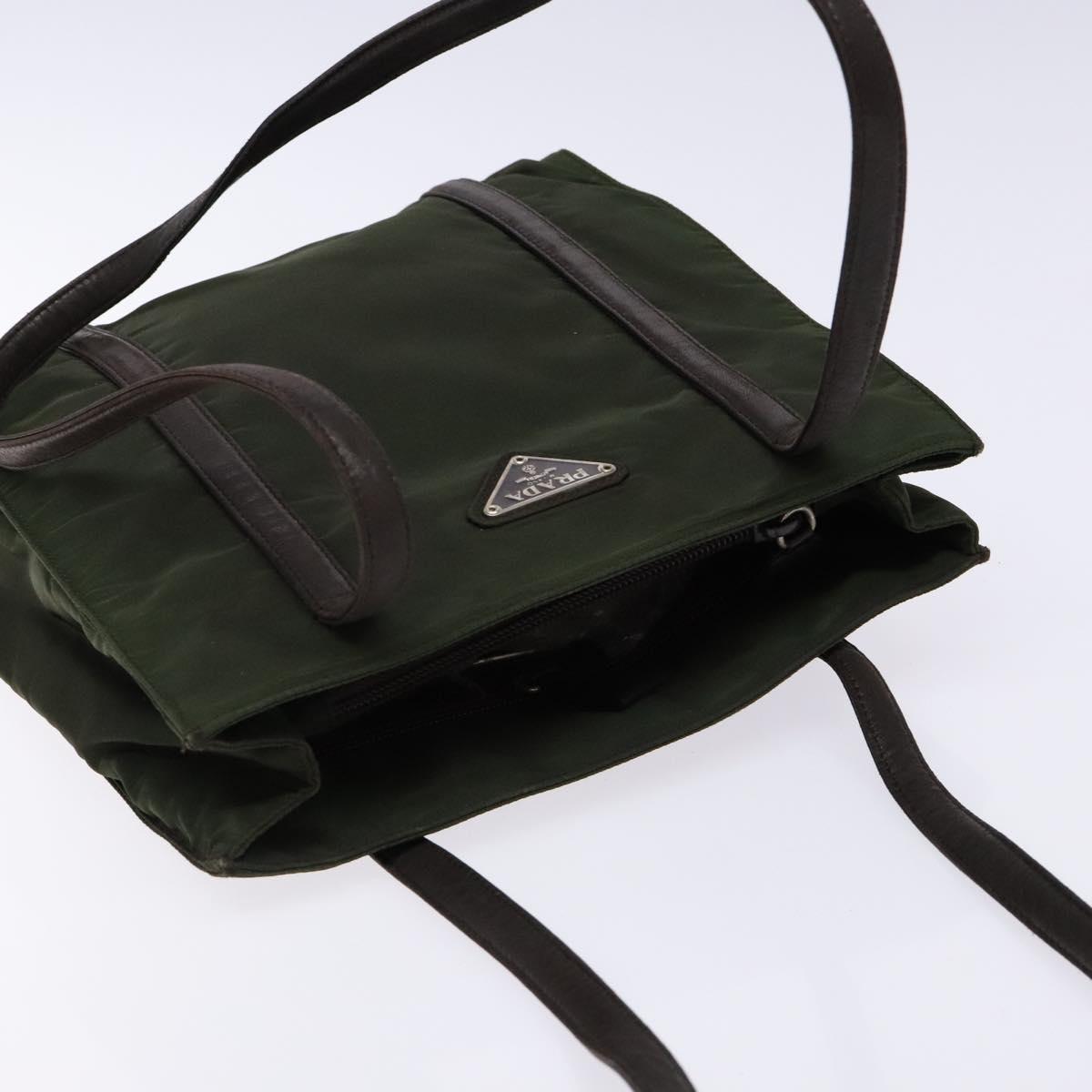 PRADA Shoulder Bag Nylon Leather Khaki Silver Auth bs28226