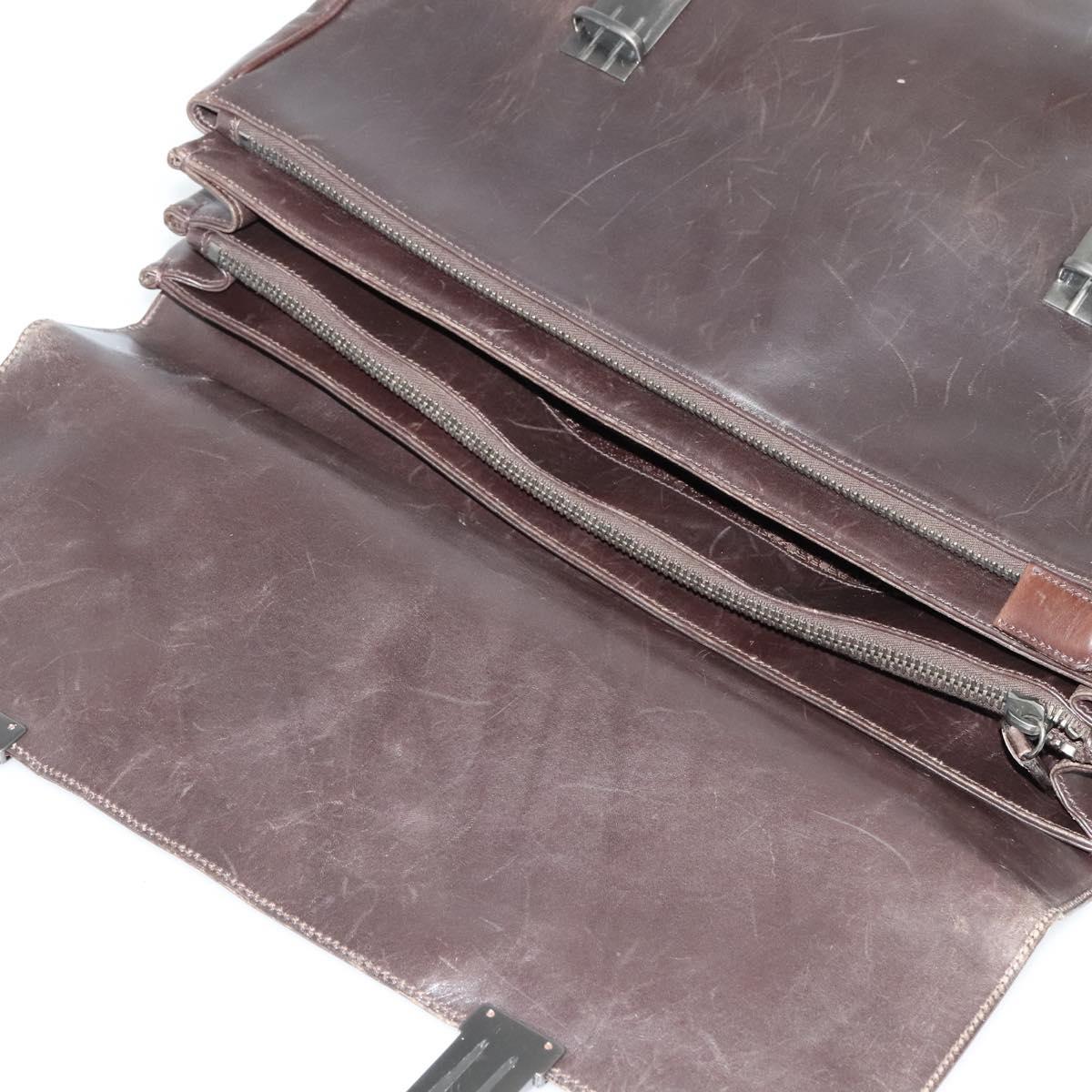 PRADA Business Bag Leather Brown Silver Auth bs28234