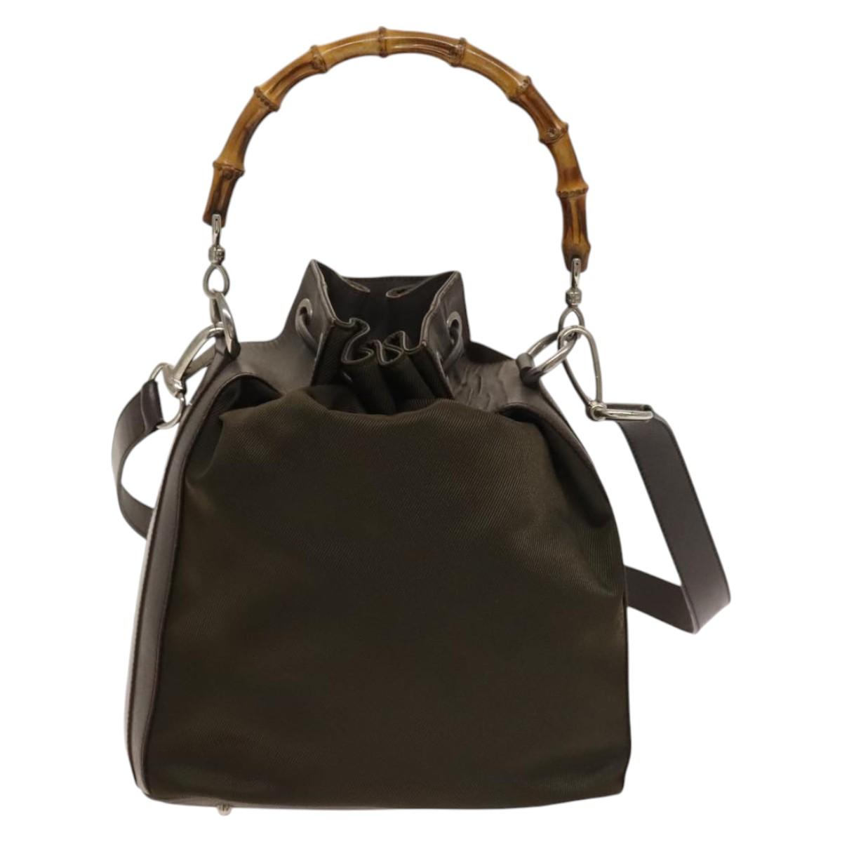 GUCCI Bamboo Hand Bag Nylon Leather 2way Brown Silver 001 2684 1657 Auth bs28274