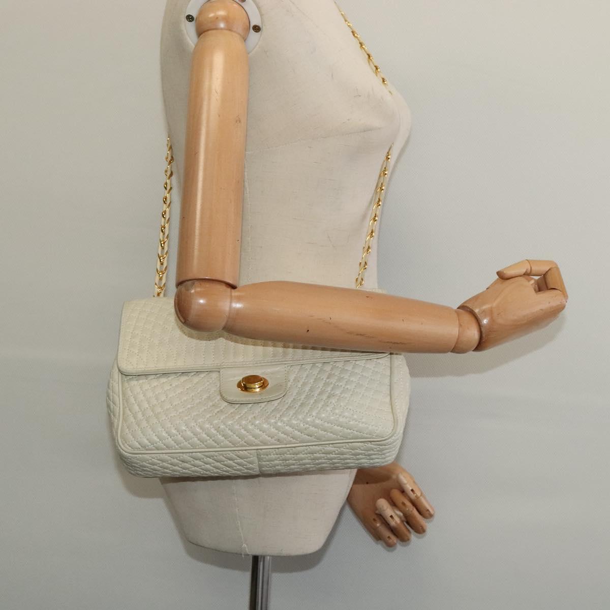 BALLY Shoulder Bag Leather White Gold Auth bs28307
