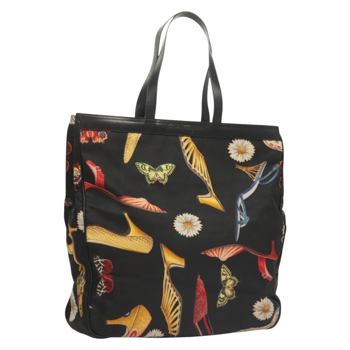 Salvatore Ferragamo Tote Bag Canvas Black Gold Auth bs28309